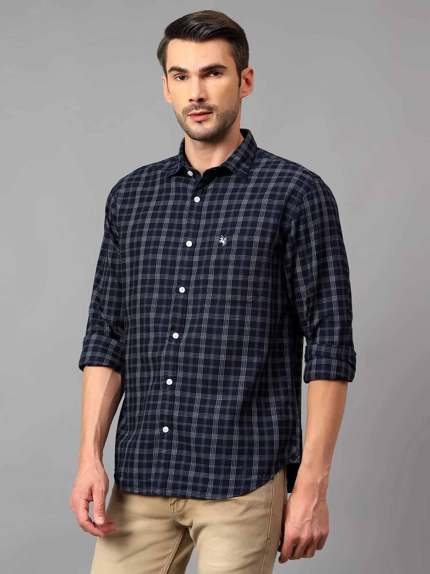 Men's Navy Blue Casual Medium Checks Full Sleeve Shirt