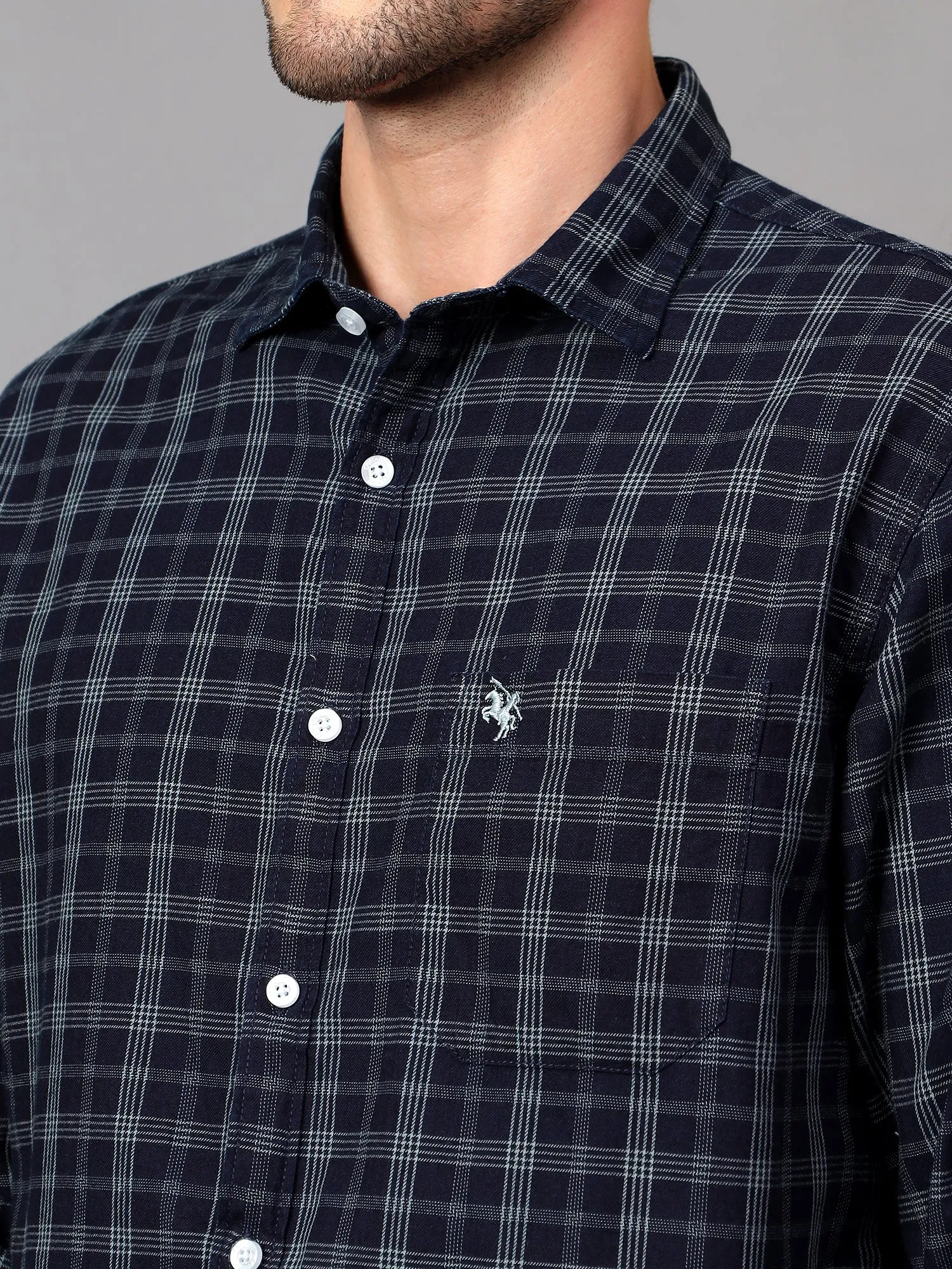 Men's Navy Blue Casual Medium Checks Full Sleeve Shirt