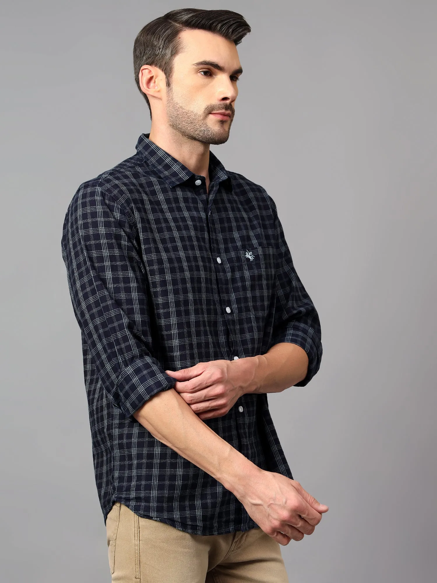 Men's Navy Blue Casual Medium Checks Full Sleeve Shirt