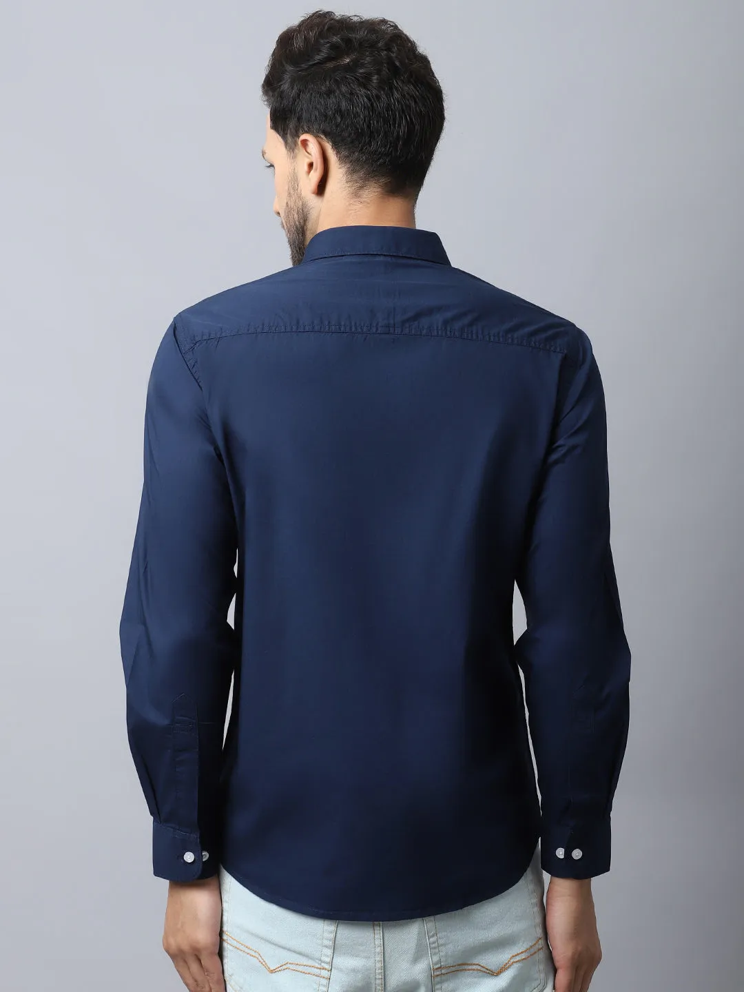 Men's Navy Blue Casual Plain Stretch Full Sleeve Shirt