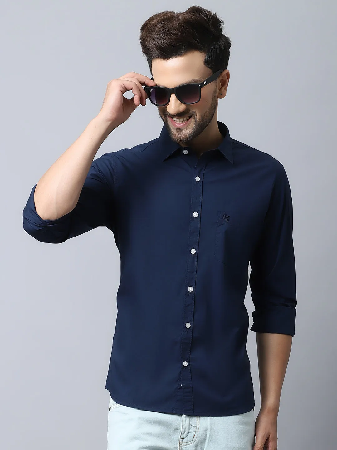 Men's Navy Blue Casual Plain Stretch Full Sleeve Shirt