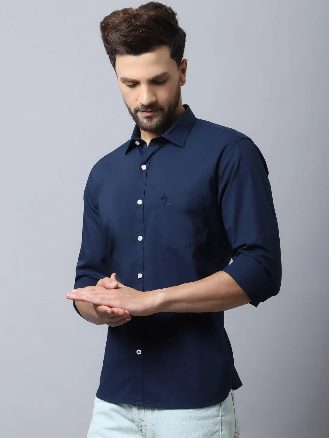 Men's Navy Blue Casual Plain Stretch Full Sleeve Shirt