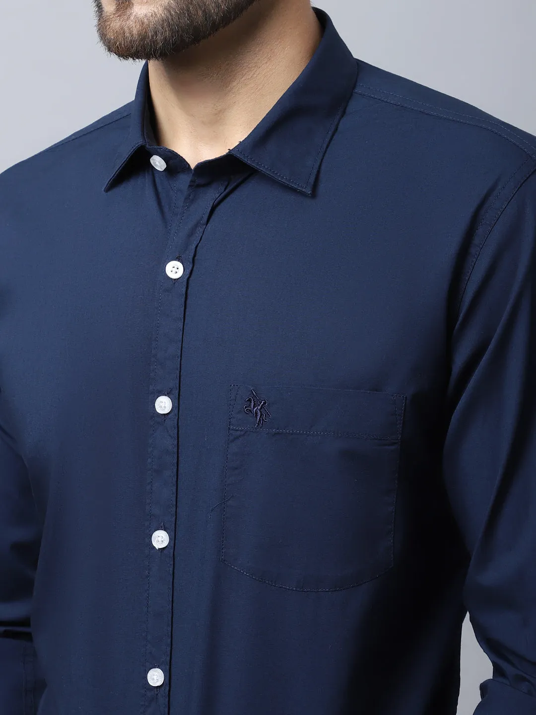 Men's Navy Blue Casual Plain Stretch Full Sleeve Shirt