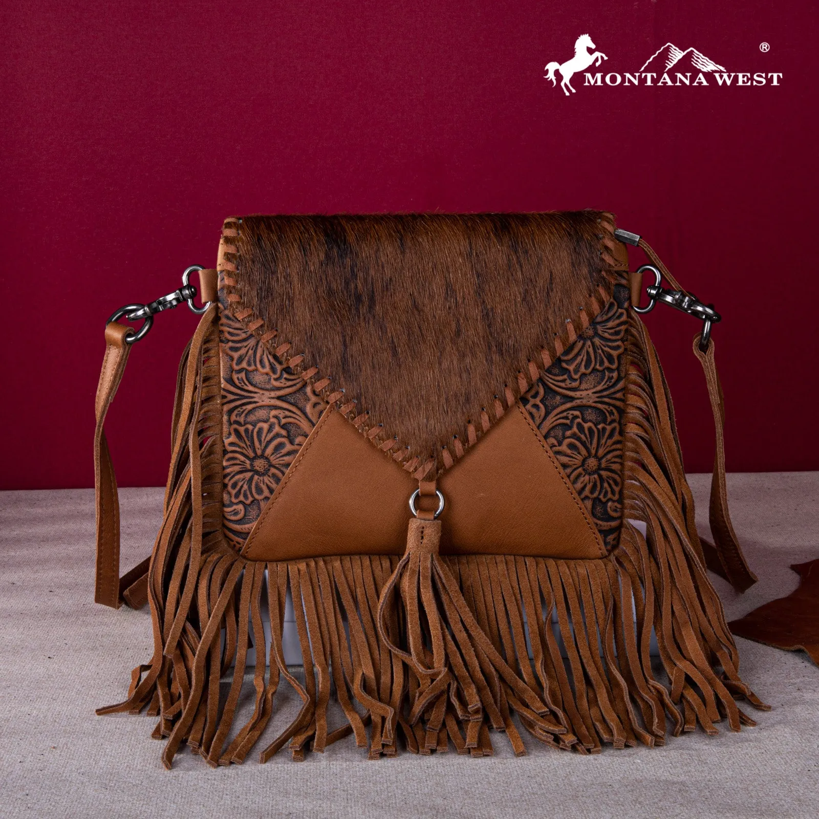 MWR-064 Montana West Genuine Leather Hair-On Cowhide Fringe Bohemian Crossbody - Brown