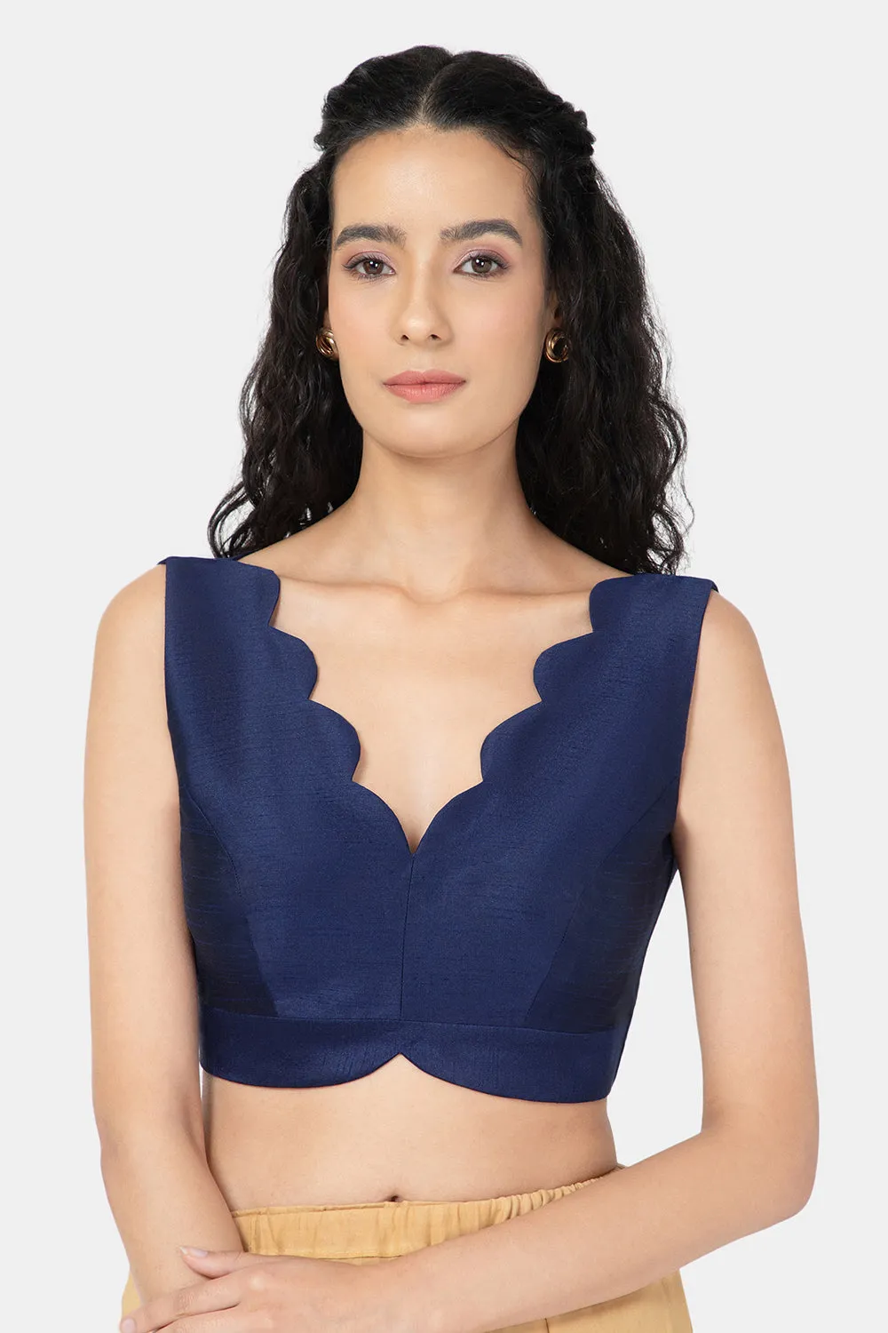 Naidu Hall Ethnic Raw Silk Saree Blouse with V- Neck Sleeveless - Navy Blue