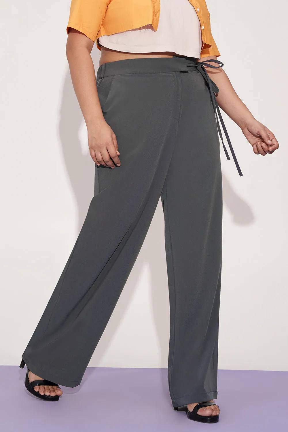 Nami Grey Curve Tie-up Korean Pants