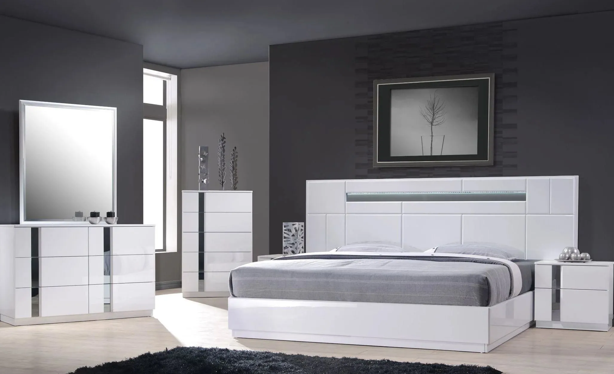 Palermo White Lacquer Platform Bedroom Set