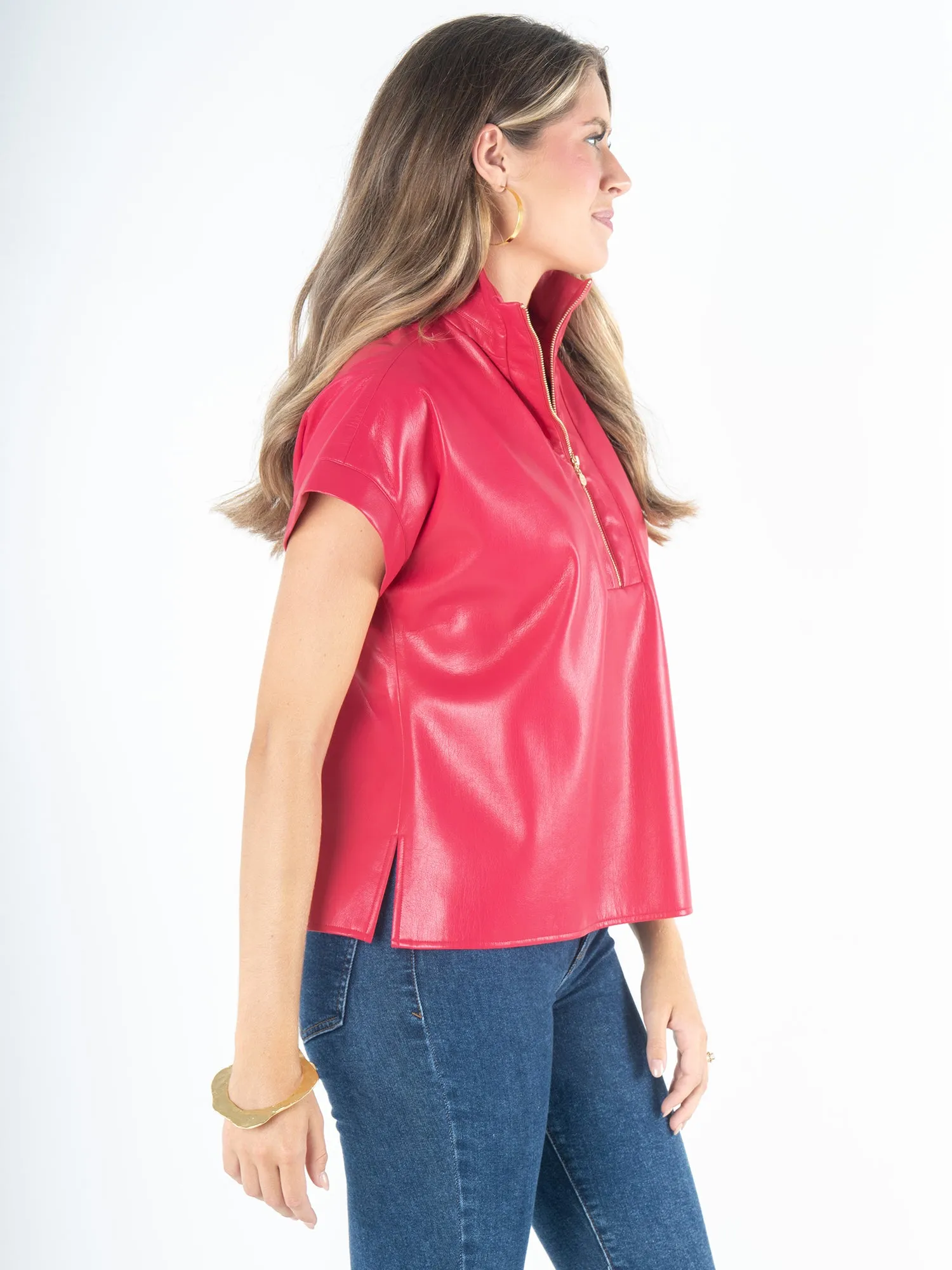 Poppy Pullover - Rose Red Faux Leather