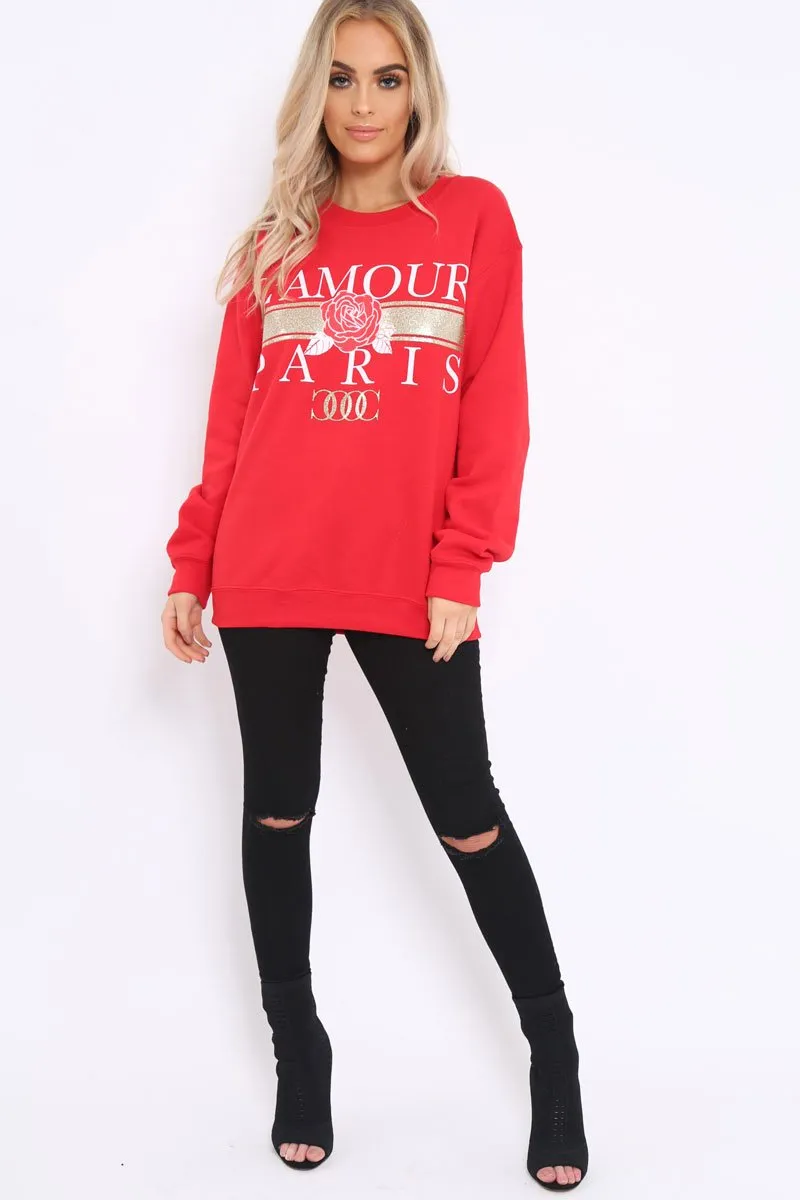 Red L'amour Paris Slogan Sweatshirt - Lucy