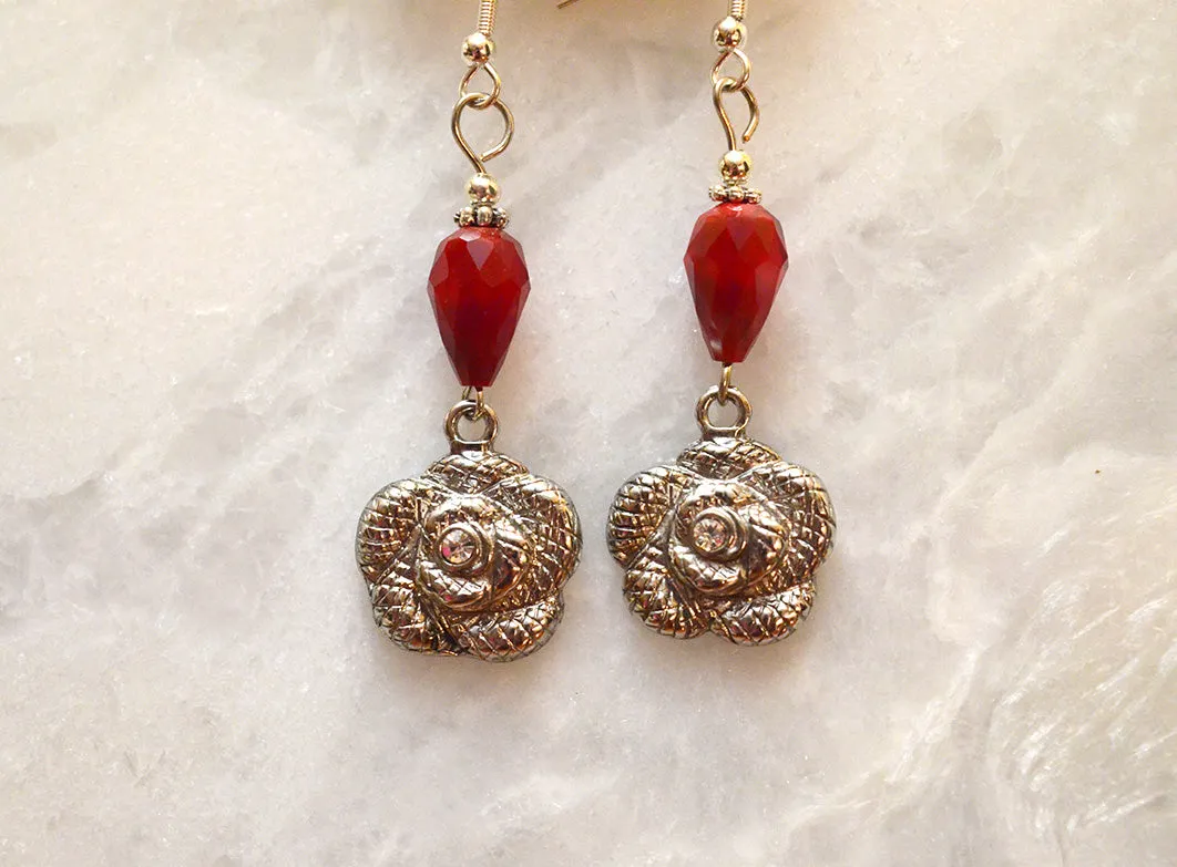 Rose with Red Crystal Earrings