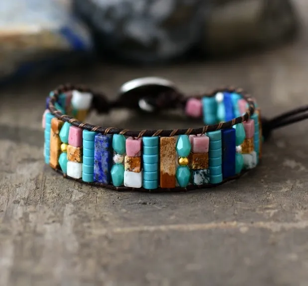 SALE - Turquoise Blue Semi Precious Stones Mix Cuff Leather Bracelet