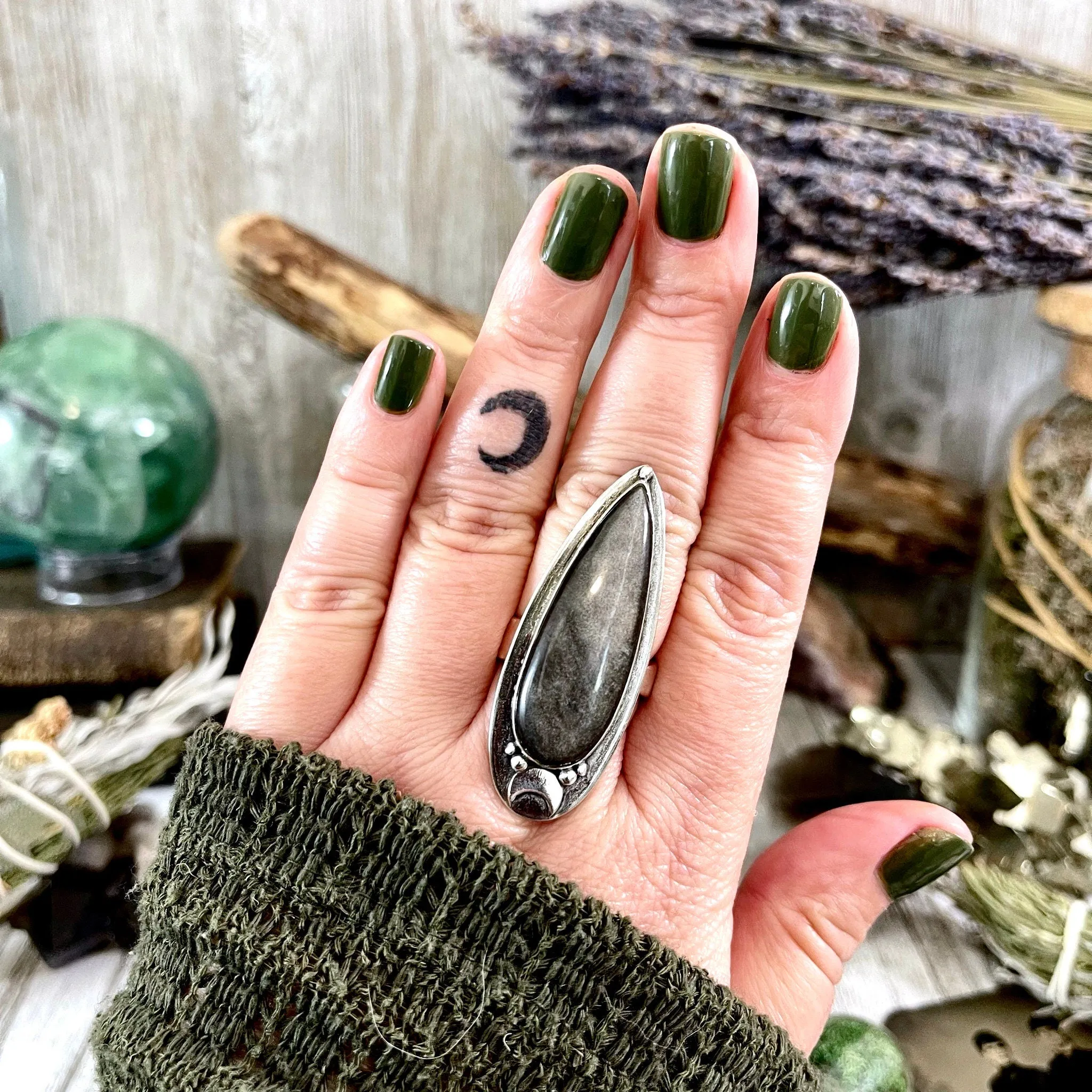 Silver Sheen Obsidian Ring Sterling Silver / Magic Moon Designed by FOXLARK Adjustable Size 6 7 8 9 10