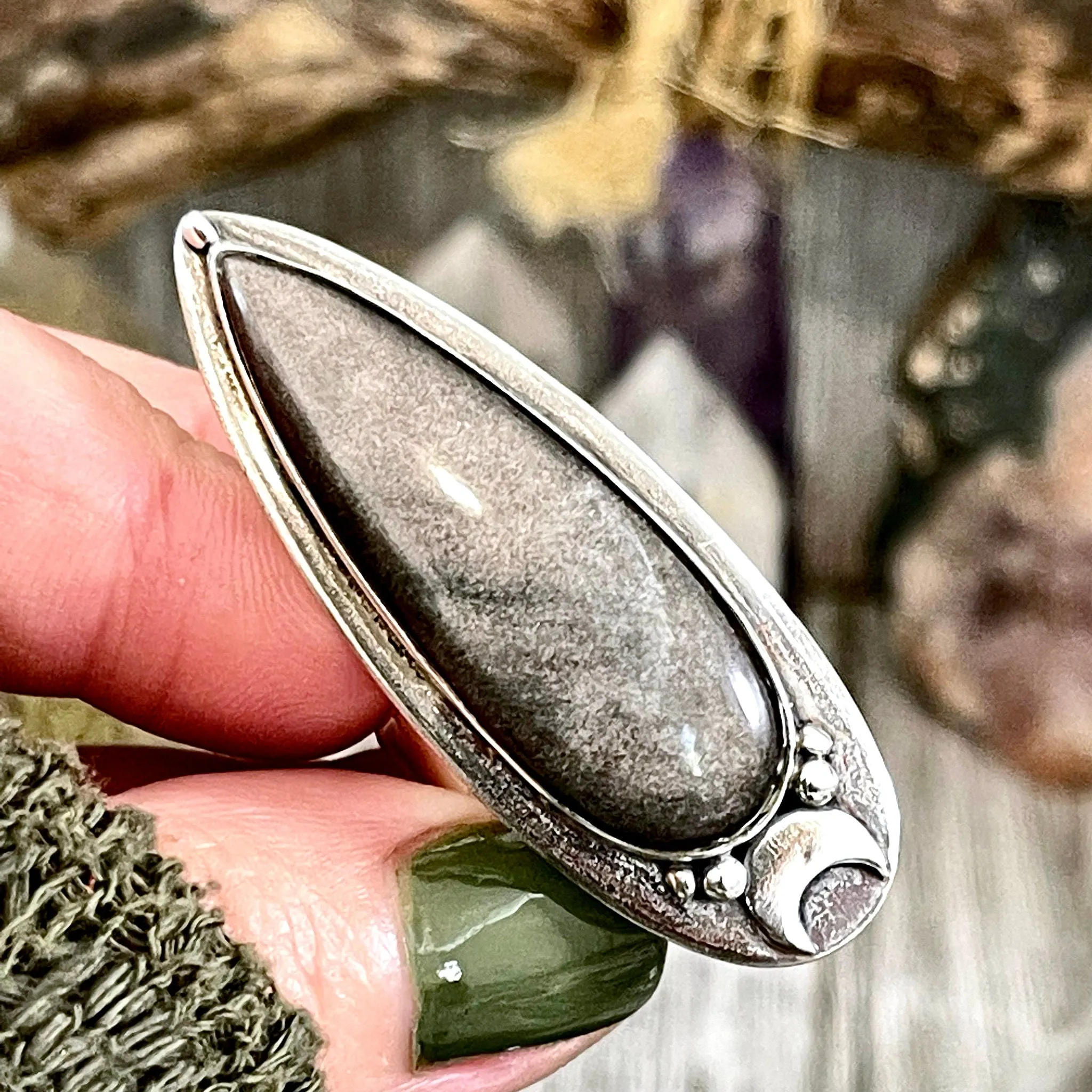 Silver Sheen Obsidian Ring Sterling Silver / Magic Moon Designed by FOXLARK Adjustable Size 6 7 8 9 10