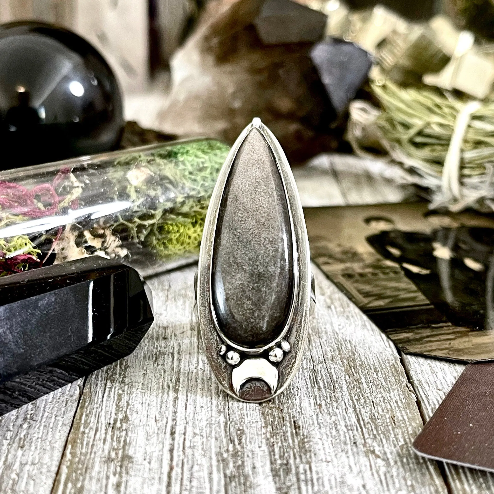 Silver Sheen Obsidian Ring Sterling Silver / Magic Moon Designed by FOXLARK Adjustable Size 6 7 8 9 10