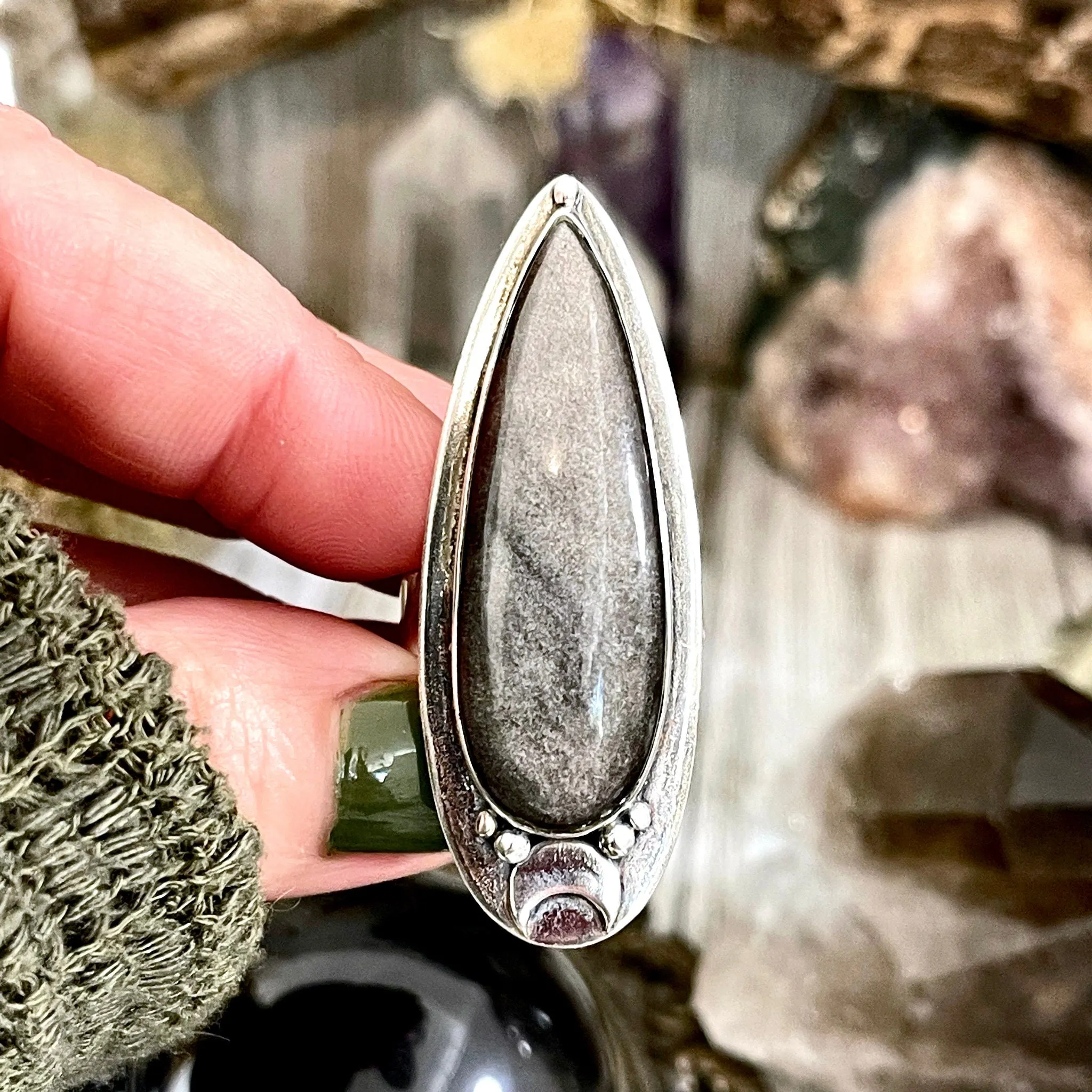 Silver Sheen Obsidian Ring Sterling Silver / Magic Moon Designed by FOXLARK Adjustable Size 6 7 8 9 10