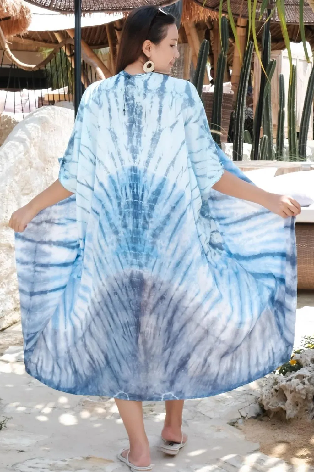 Suzie Blue Bone Tie Dye Long Kimono, Blue (LS1305BU)