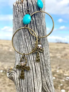 The Turquoise Cross Crystal Hoop Earrings