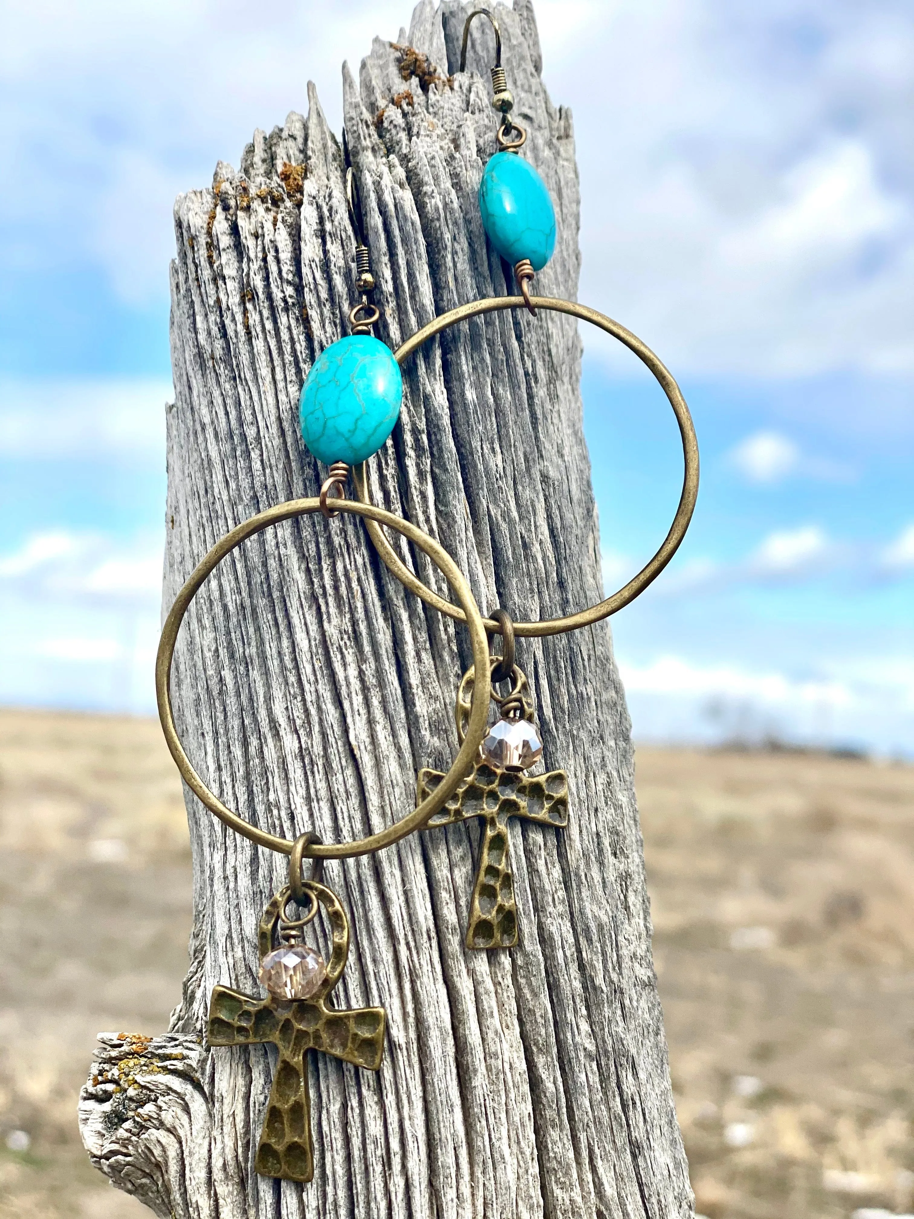 The Turquoise Cross Crystal Hoop Earrings