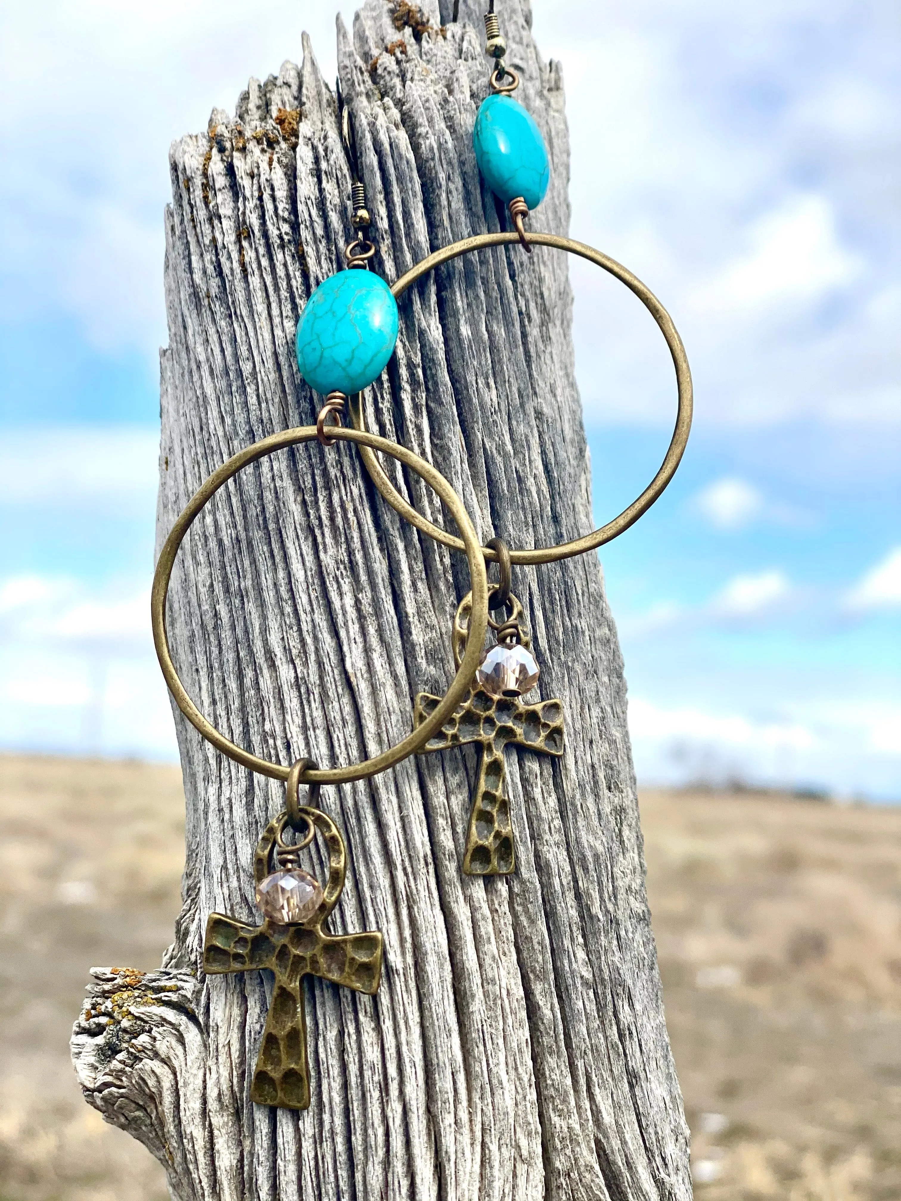 The Turquoise Cross Crystal Hoop Earrings