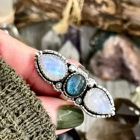 Three Stone Rainbow Moonstone and Labradorite Crystal Ring in Sterling Silver- Designed by FOXLARK Collection Adjustable to Size 6 7 8 9