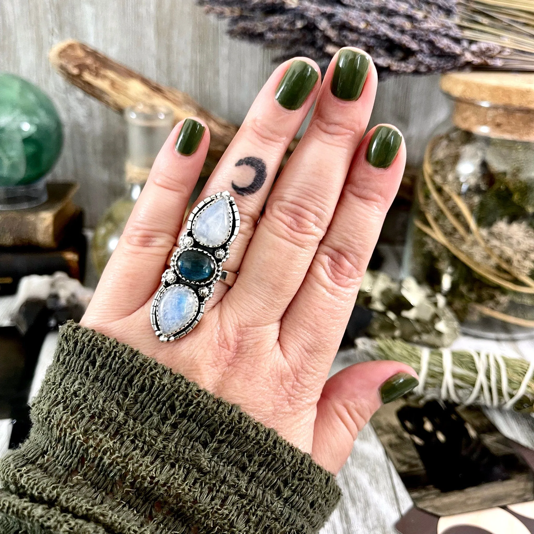 Three Stone Rainbow Moonstone and Labradorite Crystal Ring in Sterling Silver- Designed by FOXLARK Collection Adjustable to Size 6 7 8 9