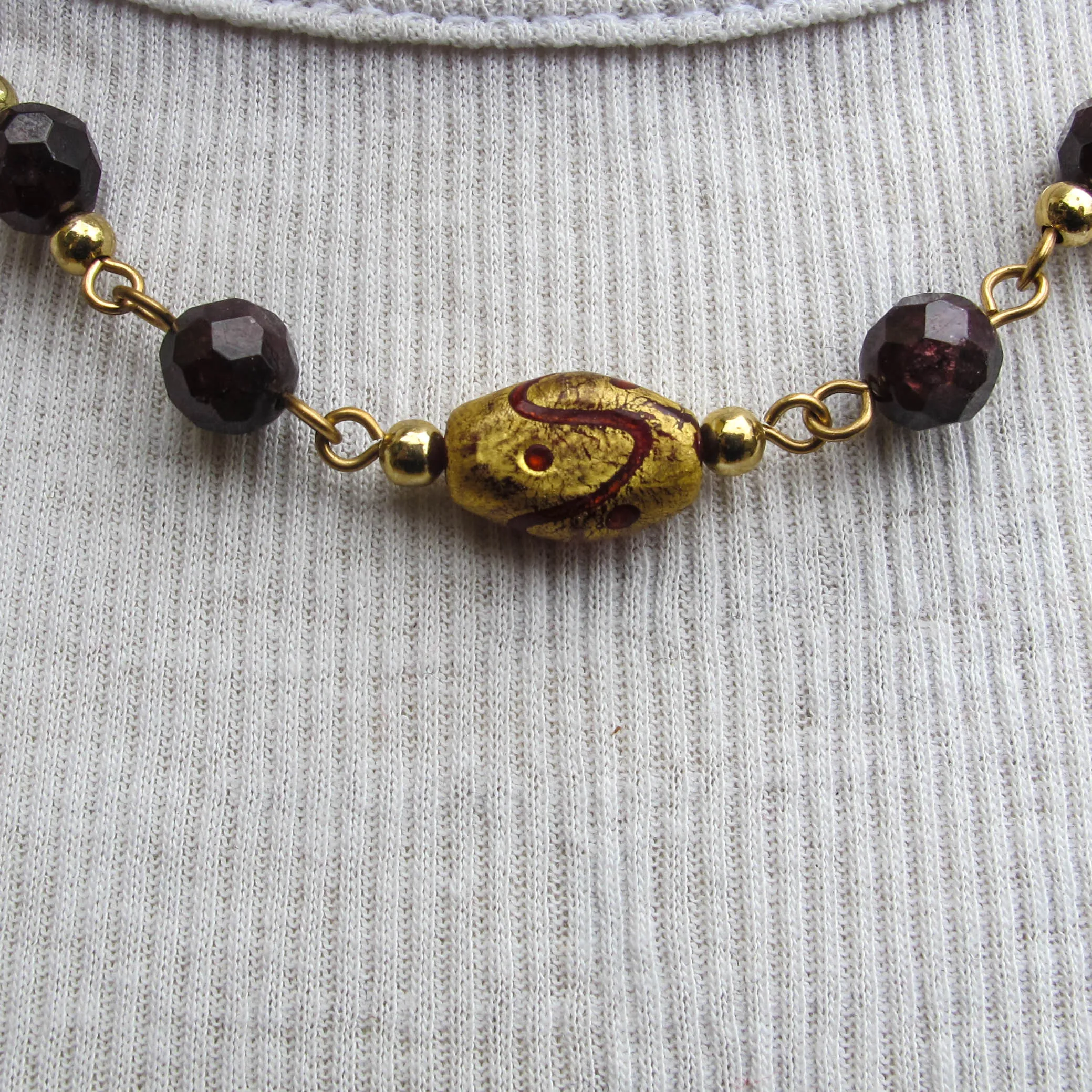 Wine-Colored Glass, Gold-Plated Brass and Gold-Coated Lampwork Beaded Necklace