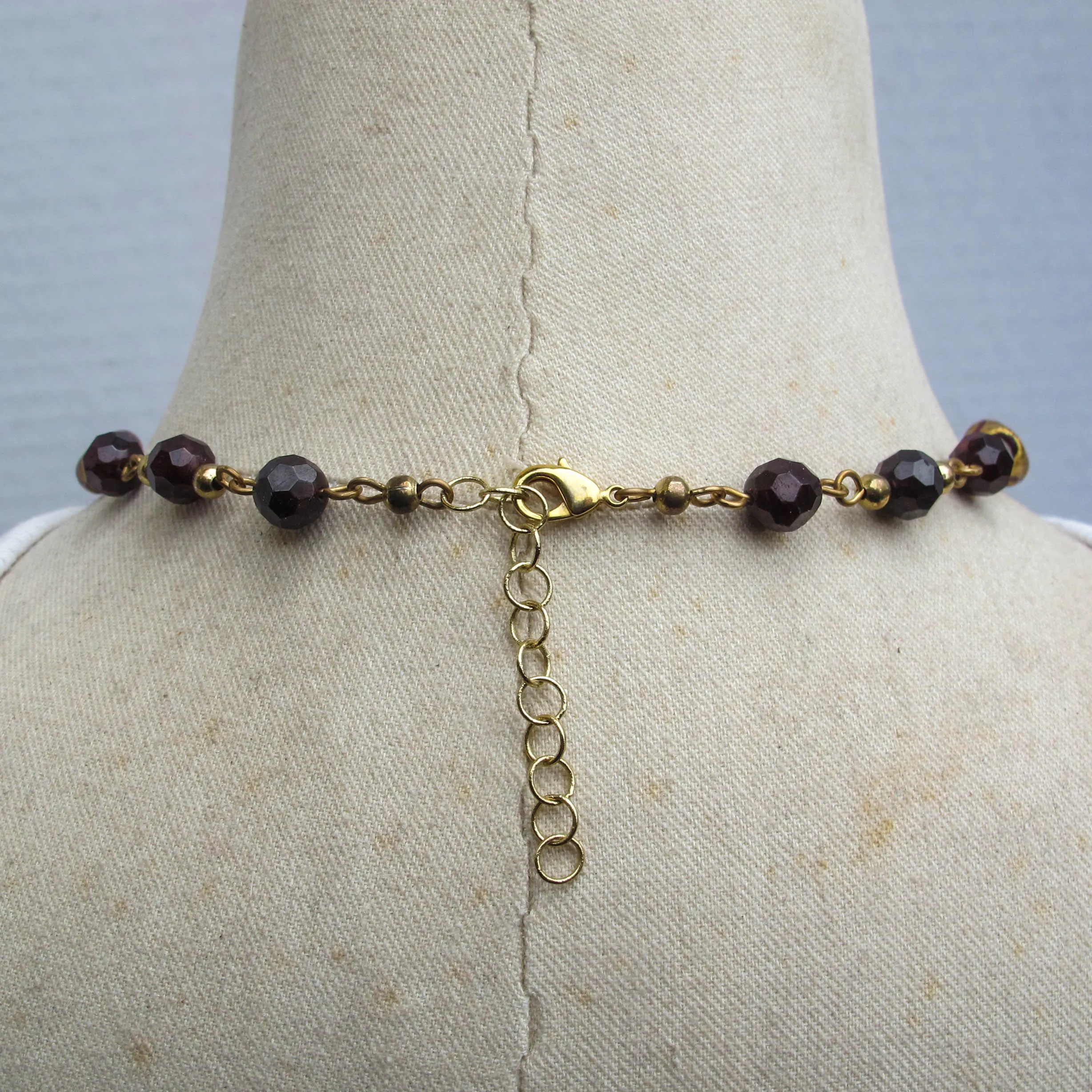 Wine-Colored Glass, Gold-Plated Brass and Gold-Coated Lampwork Beaded Necklace