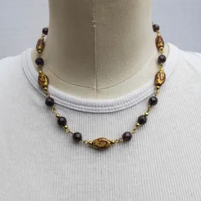 Wine-Colored Glass, Gold-Plated Brass and Gold-Coated Lampwork Beaded Necklace