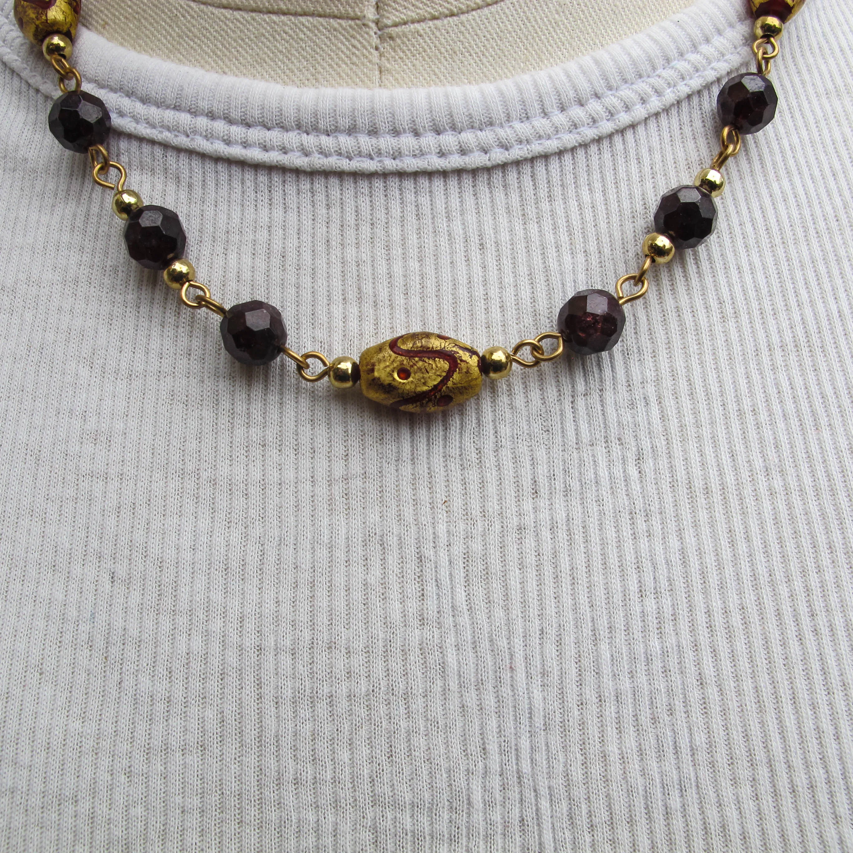 Wine-Colored Glass, Gold-Plated Brass and Gold-Coated Lampwork Beaded Necklace