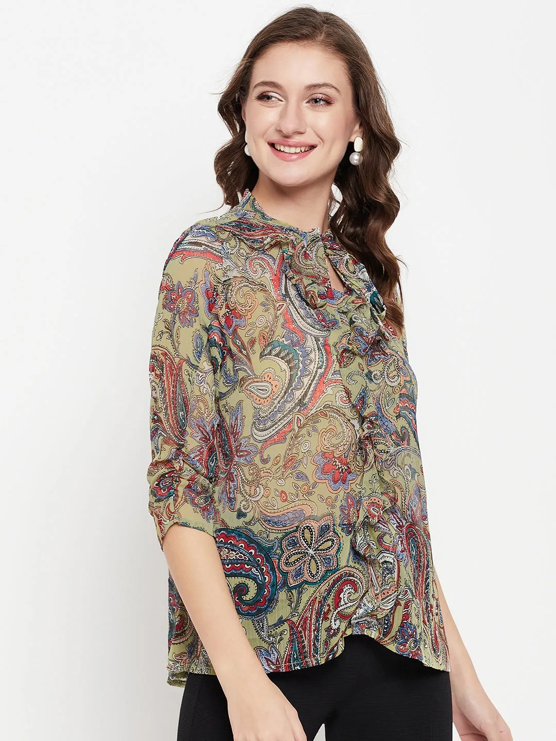 Women's Casual  Dull Green Paisley Print Tie up Neck Tunic