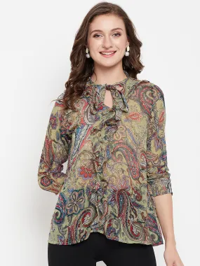 Women's Casual  Dull Green Paisley Print Tie up Neck Tunic