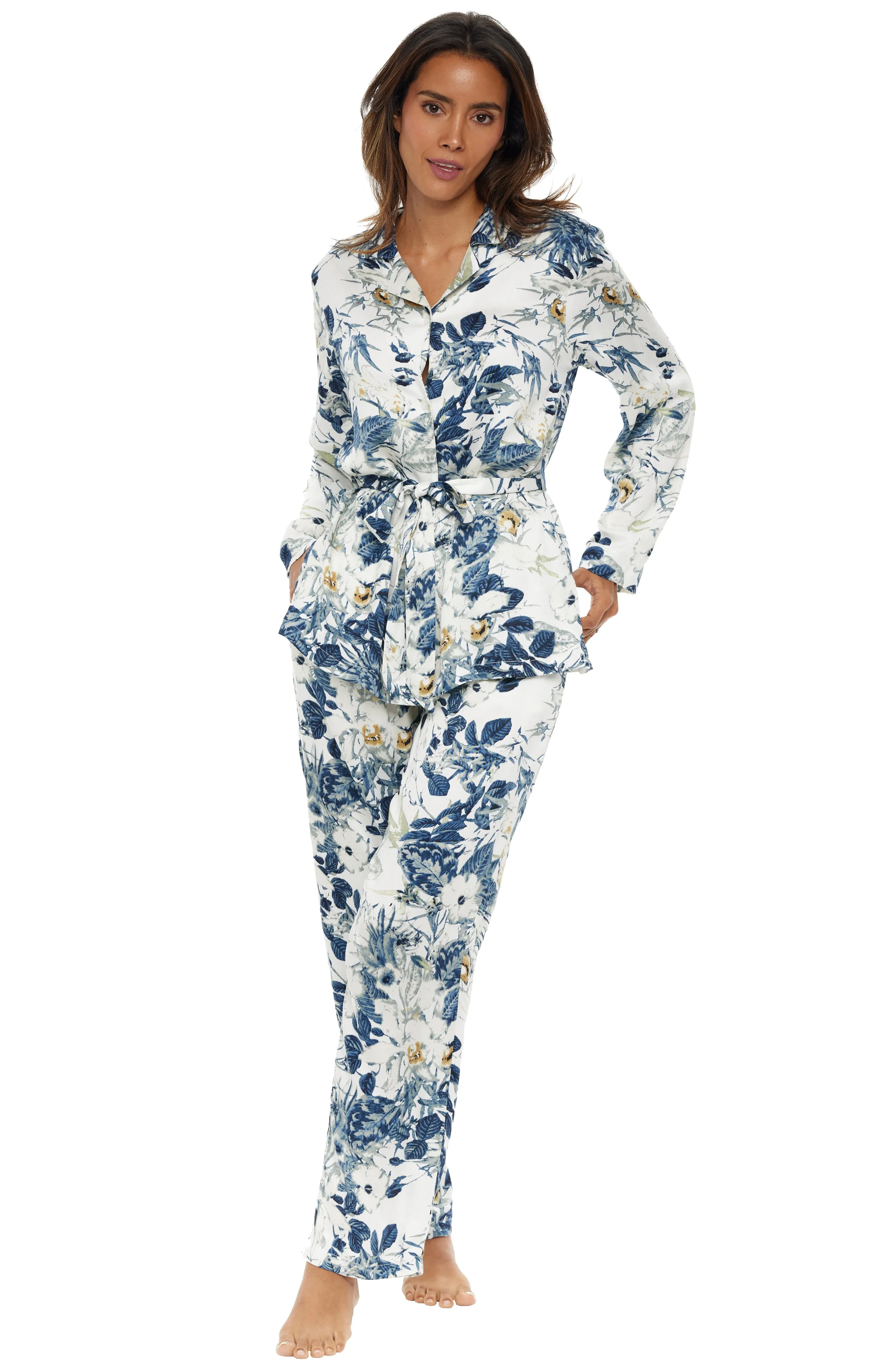 Women's Front Tie Pajamas Set with Pockets, Tropical Floral Safari Prints