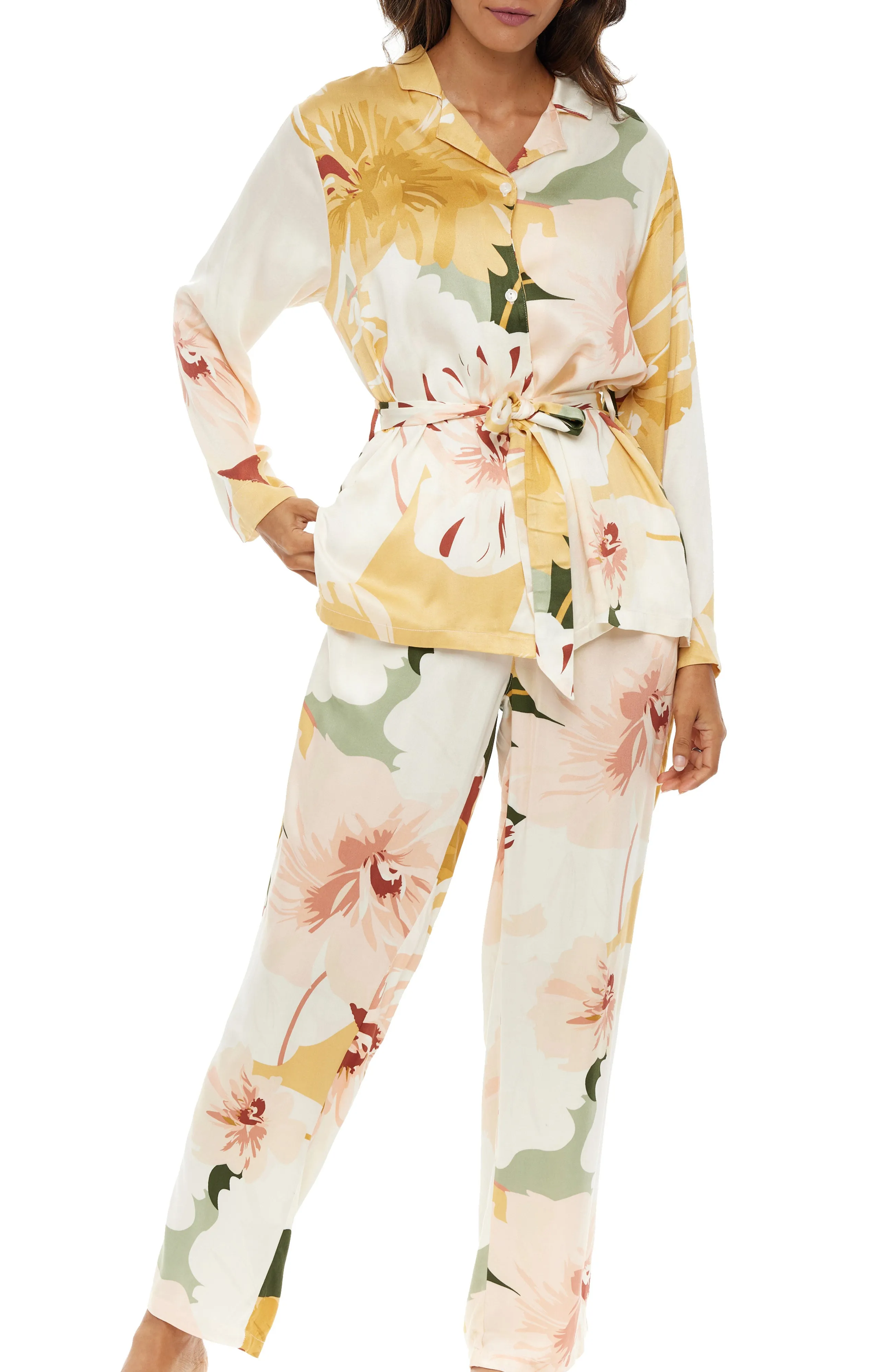 Women's Front Tie Pajamas Set with Pockets, Tropical Floral Safari Prints