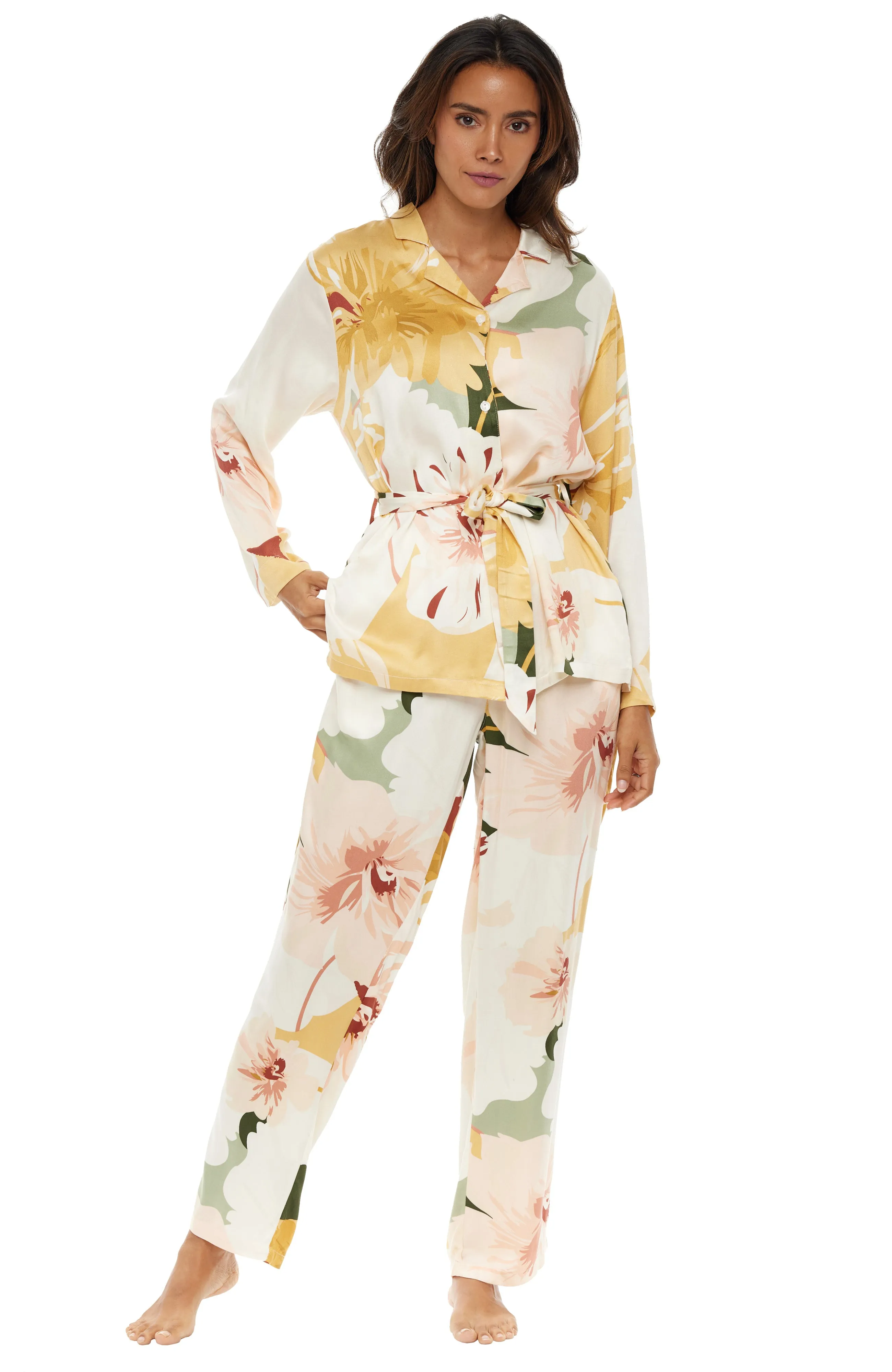 Women's Front Tie Pajamas Set with Pockets, Tropical Floral Safari Prints