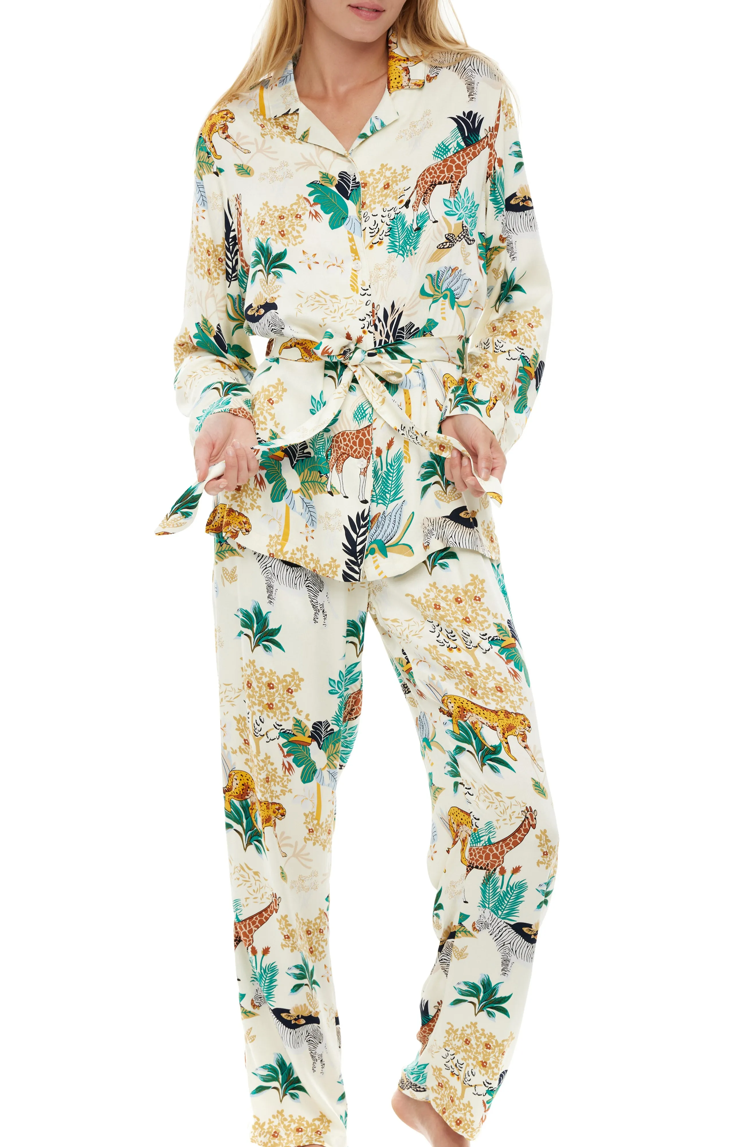 Women's Front Tie Pajamas Set with Pockets, Tropical Floral Safari Prints