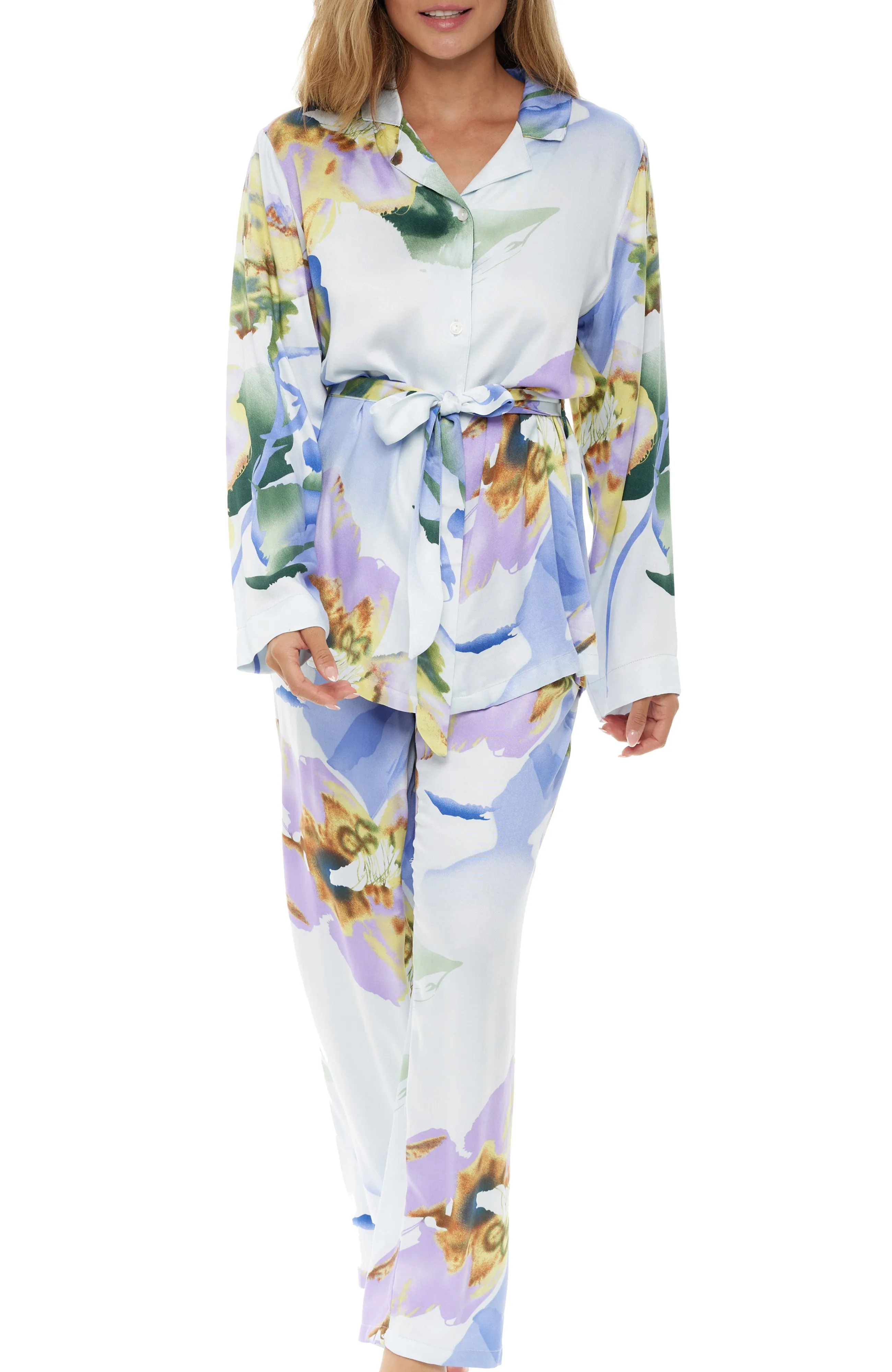 Women's Front Tie Pajamas Set with Pockets, Tropical Floral Safari Prints