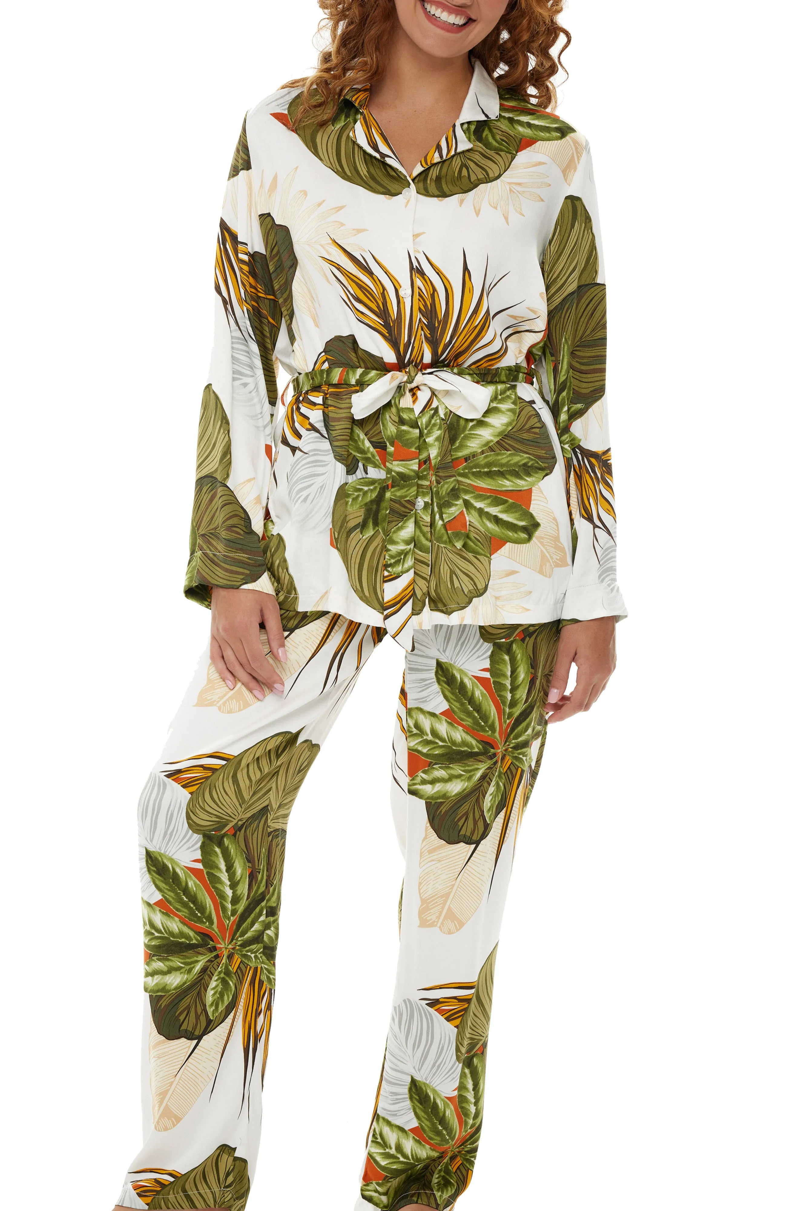 Women's Front Tie Pajamas Set with Pockets, Tropical Floral Safari Prints