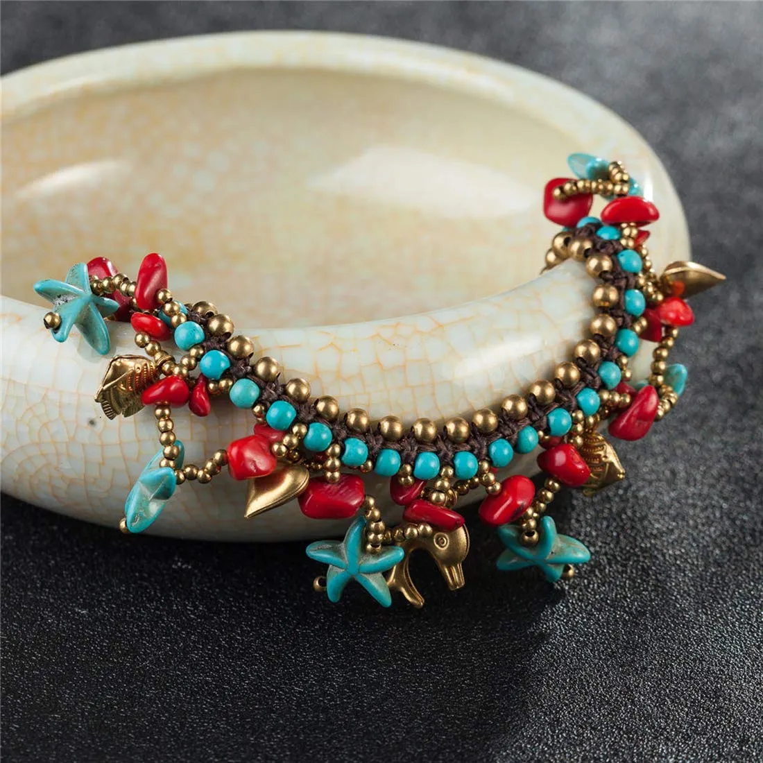 Yellow Chimes Anklets for Women Bohemian Starfish Charms Beaded Bracelet Cum Anklet for Women and Girls