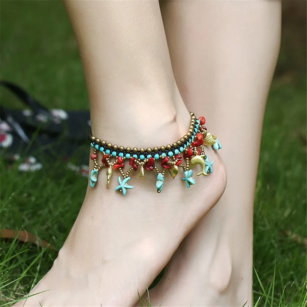 Yellow Chimes Anklets for Women Bohemian Starfish Charms Beaded Bracelet Cum Anklet for Women and Girls