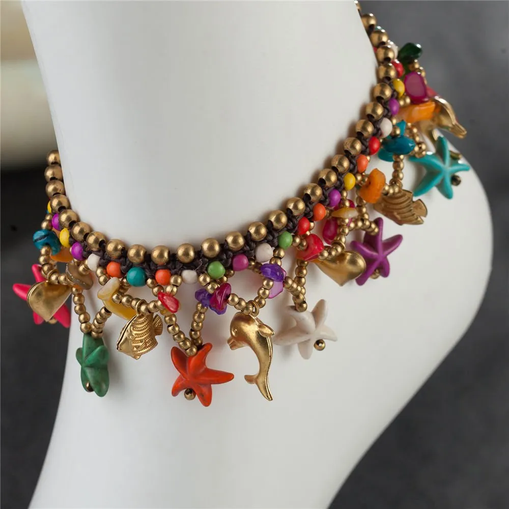 Yellow Chimes Anklets for Women Bohemian Starfish Charms Beaded Bracelet/Anklet for Women and Girls